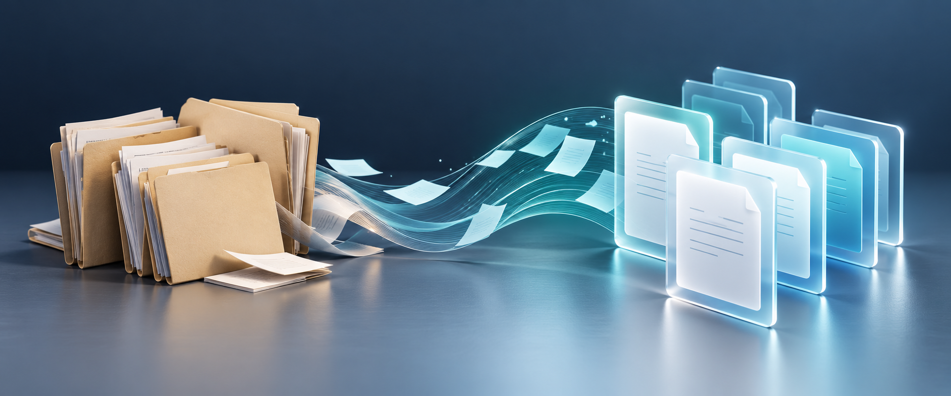 Conceptual illustration of paper folders transitioning into digital documents.